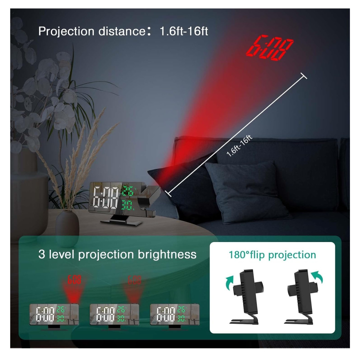 Miniatura 5 de Reloj Despertador De Proyección 180°